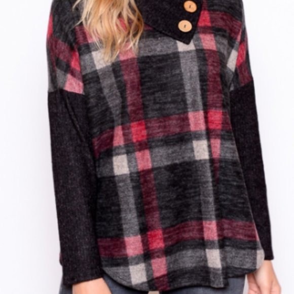 Red and Black Charcoal Plaid Brushed Sweater - Picture 3 of 9